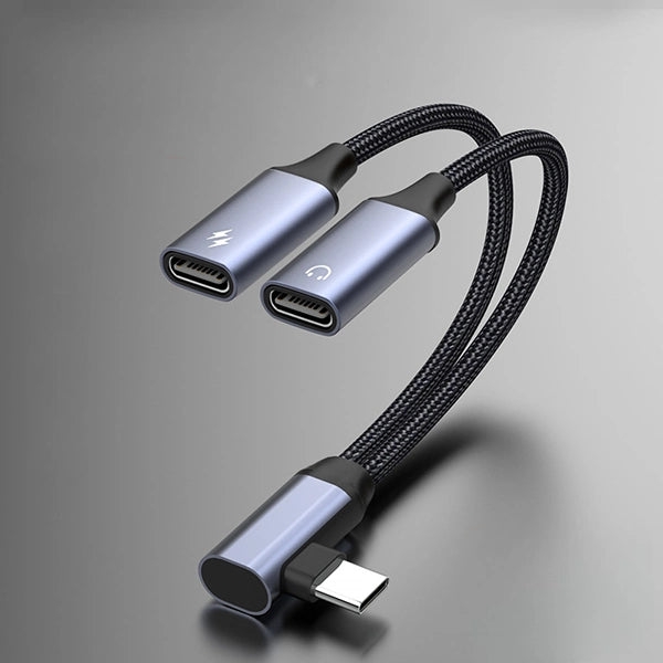 2-in-1 90° USB-C to 3.5mm Audio Adapter with 60W Charging – Headphone, Microphone, and OTG Data Cable