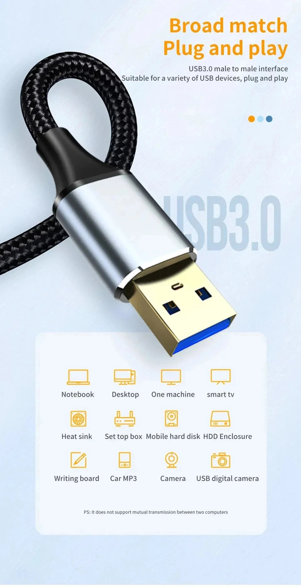 USB 3.0 Male to Male Extension Cable – 5Gbps High-Speed Data Transfer Cord for PC, Laptop, TV, and PS4
