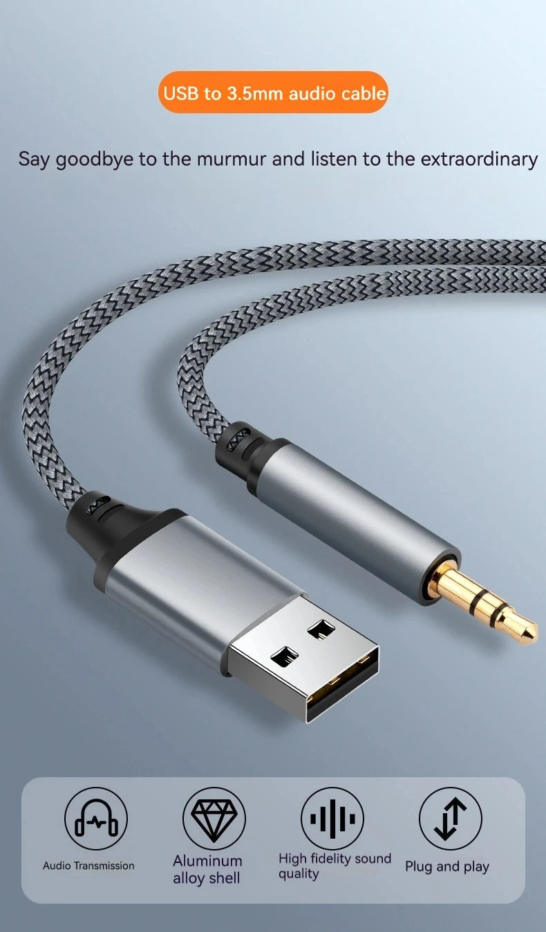 USB to 3.5mm AUX Audio Cable – USB A Male to AUX Jack Adapter for Headphones, Speakers, PC, TV, and Car Stereo