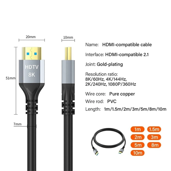 Ultra High-Speed 8K HDMI 2.1 Cable - 4K 120Hz, 8K 60Hz, 48Gbps - Premium Video & Audio for PC, Projector, TV, PS5 - Available in 1m, 5m, 8m, 10m