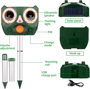 Ultrasonic Animal Repeller Outdoor, Solar Powered Squirrels Repeller Waterproof Deer Repeller for Dog, Cat, Squirrels, Bird, Rabbit, Deer, Raccoon Farm Yard Garden