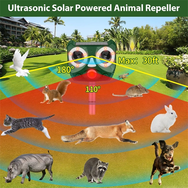 Ultrasonic Animal Repeller Outdoor, Solar Powered Squirrels Repeller Waterproof Deer Repeller for Dog, Cat, Squirrels, Bird, Rabbit, Deer, Raccoon Farm Yard Garden