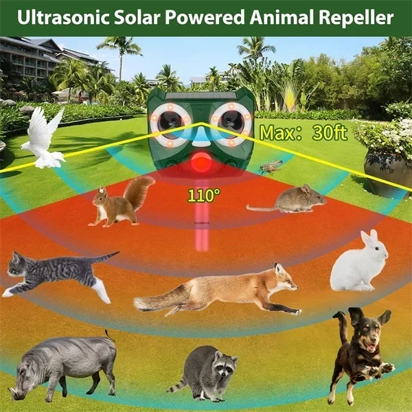 Ultrasonic Animal Repeller Outdoor, Solar Powered Squirrels Repeller Waterproof Deer Repeller for Rats，Dog, Cat, Squirrels, Bird, Rabbit, Deer, Raccoon Farm Yard Garden