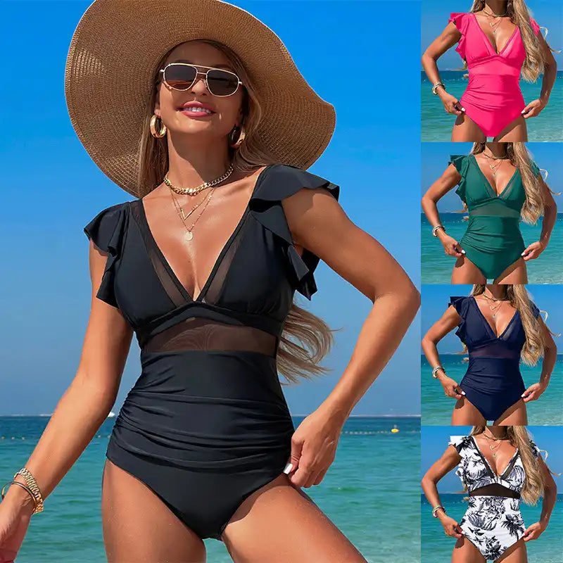 V-Neck Ruffle One-Piece Swimsuit Sexy Tummy Control