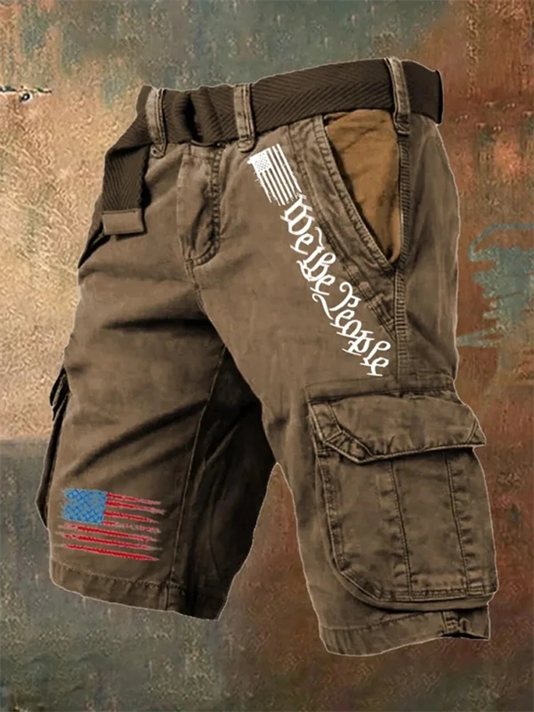 Men's Vintage Flag Independence Day Multi-Pocket Cargo Shorts