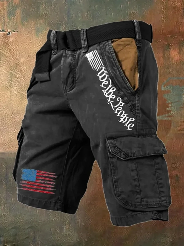 Men's Vintage Flag Independence Day Multi-Pocket Cargo Shorts