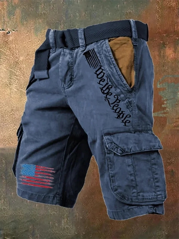 Men's Vintage Flag Independence Day Multi-Pocket Cargo Shorts