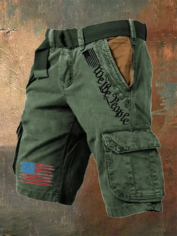 Men's Vintage Flag Independence Day Multi-Pocket Cargo Shorts