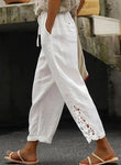 White Lace Trim Cotton Women's Cropped Pants