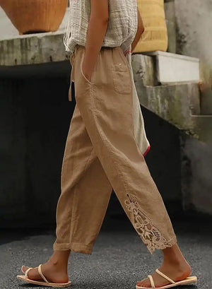 White Lace Trim Cotton Women's Cropped Pants