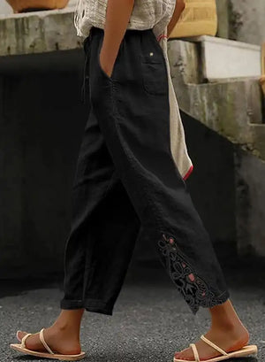 White Lace Trim Cotton Women's Cropped Pants