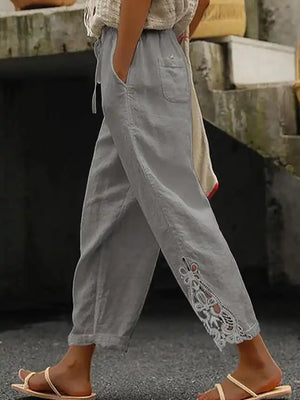 White Lace Trim Cotton Women's Cropped Pants
