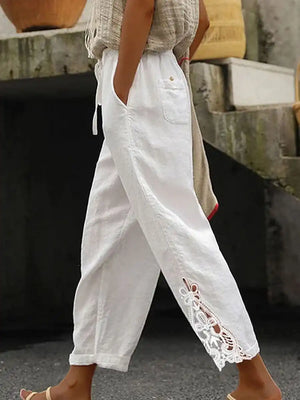 White Lace Trim Cotton Women's Cropped Pants