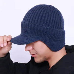 Windproof Thermal Knit Beanie with Earflaps & Brim - For Cycling, Skiing & Winter