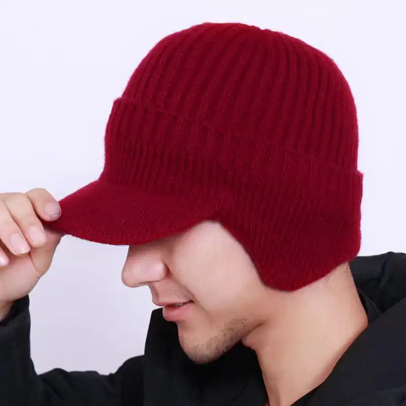 Windproof Thermal Knit Beanie with Earflaps & Brim - For Cycling, Skiing & Winter