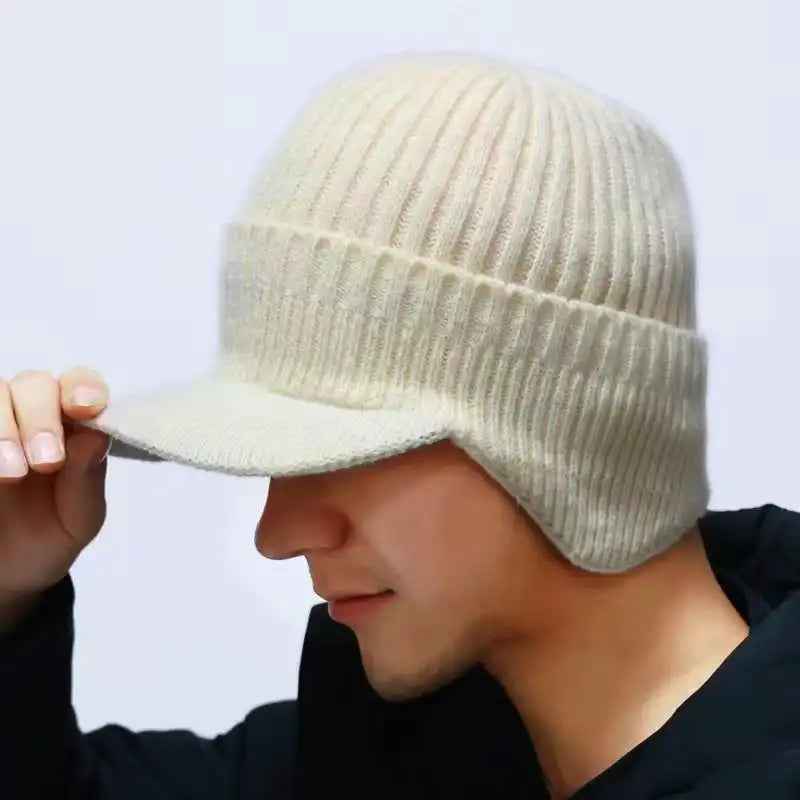 Windproof Thermal Knit Beanie with Earflaps & Brim - For Cycling, Skiing & Winter
