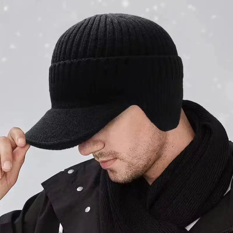 Windproof Thermal Knit Beanie with Earflaps & Brim - For Cycling, Skiing & Winter