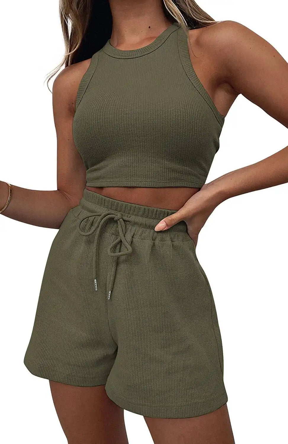Women's Casual Waffle Tank and Shorts Set