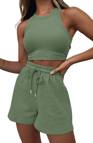 Women's Casual Waffle Tank and Shorts Set