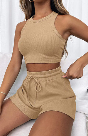 Women's Casual Waffle Tank and Shorts Set
