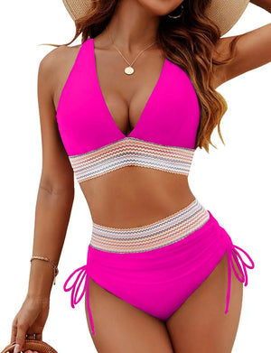 Women's Color Block Push-up High Waist Tummy Control Bikini Set