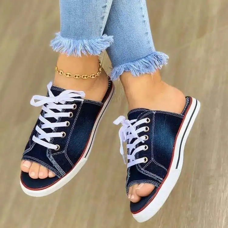 Women's Denim Lace-Up Sandals - Comfort Flat