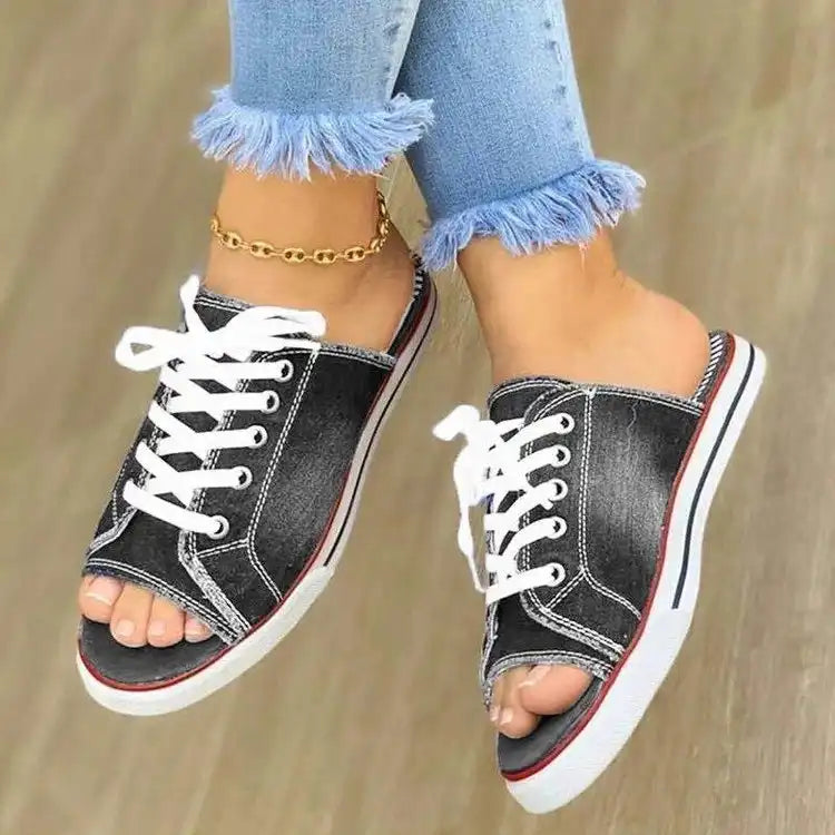Women's Denim Lace-Up Sandals - Comfort Flat