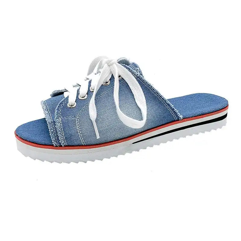 Women's Denim Lace-Up Sandals - Comfort Flat