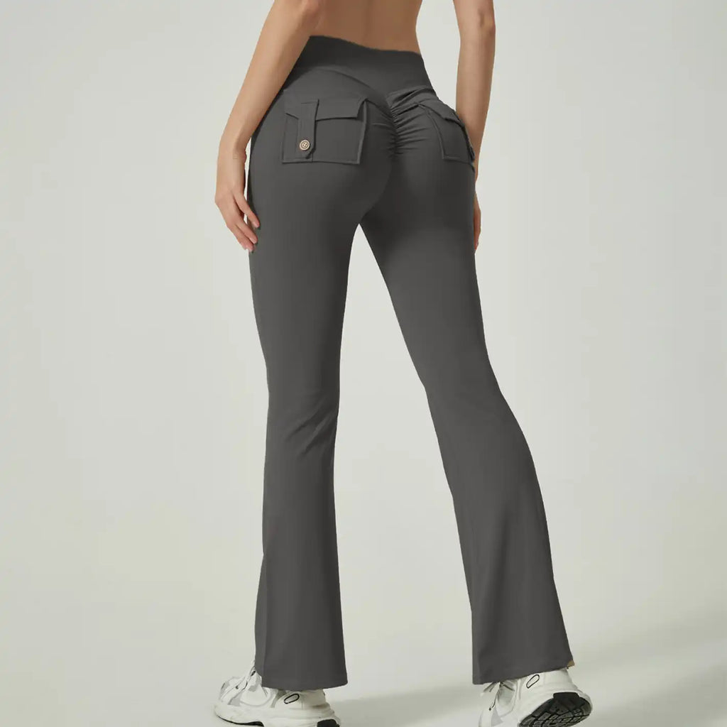 Women's Flare Yoga Pants with Pockets - High-Waisted, Quick-Dry & Pleated