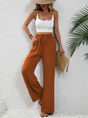 Women's Floor-length Wide Leg Casual Pants Elastic Waist