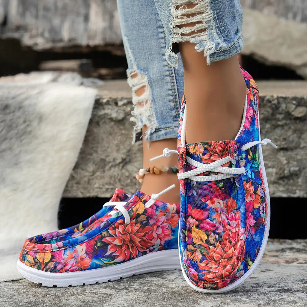 Women's Floral Tie-Front Canvas Shoes - Casual Low Top Sneakers