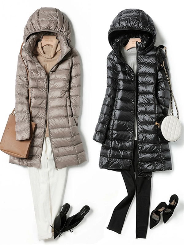 Women’s Lightweight Long Down Jacket – Slim Fit, Warm, Packable Winter Coat with Detachable Hood
