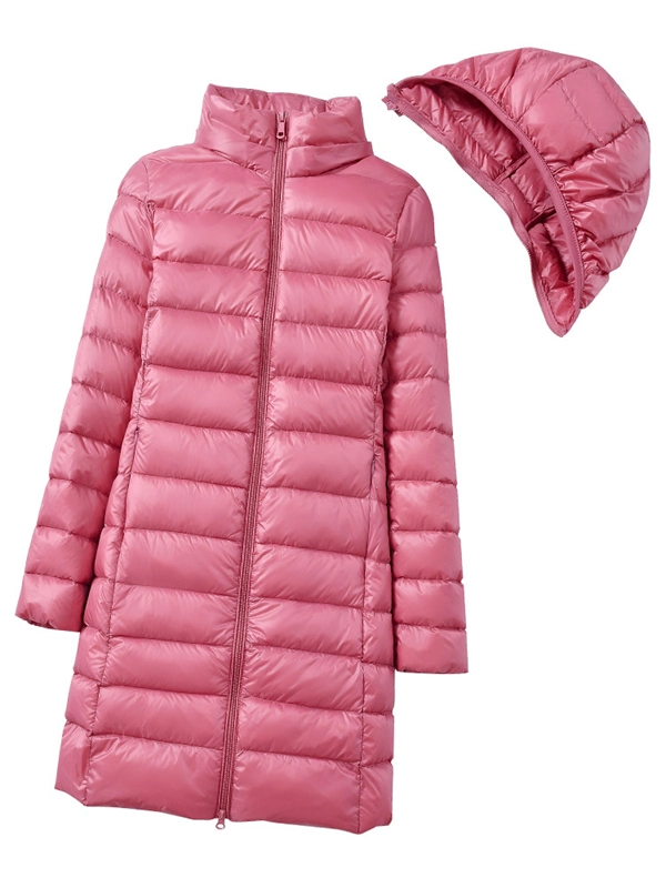 Women’s Lightweight Long Down Jacket – Slim Fit, Warm, Packable Winter Coat with Detachable Hood