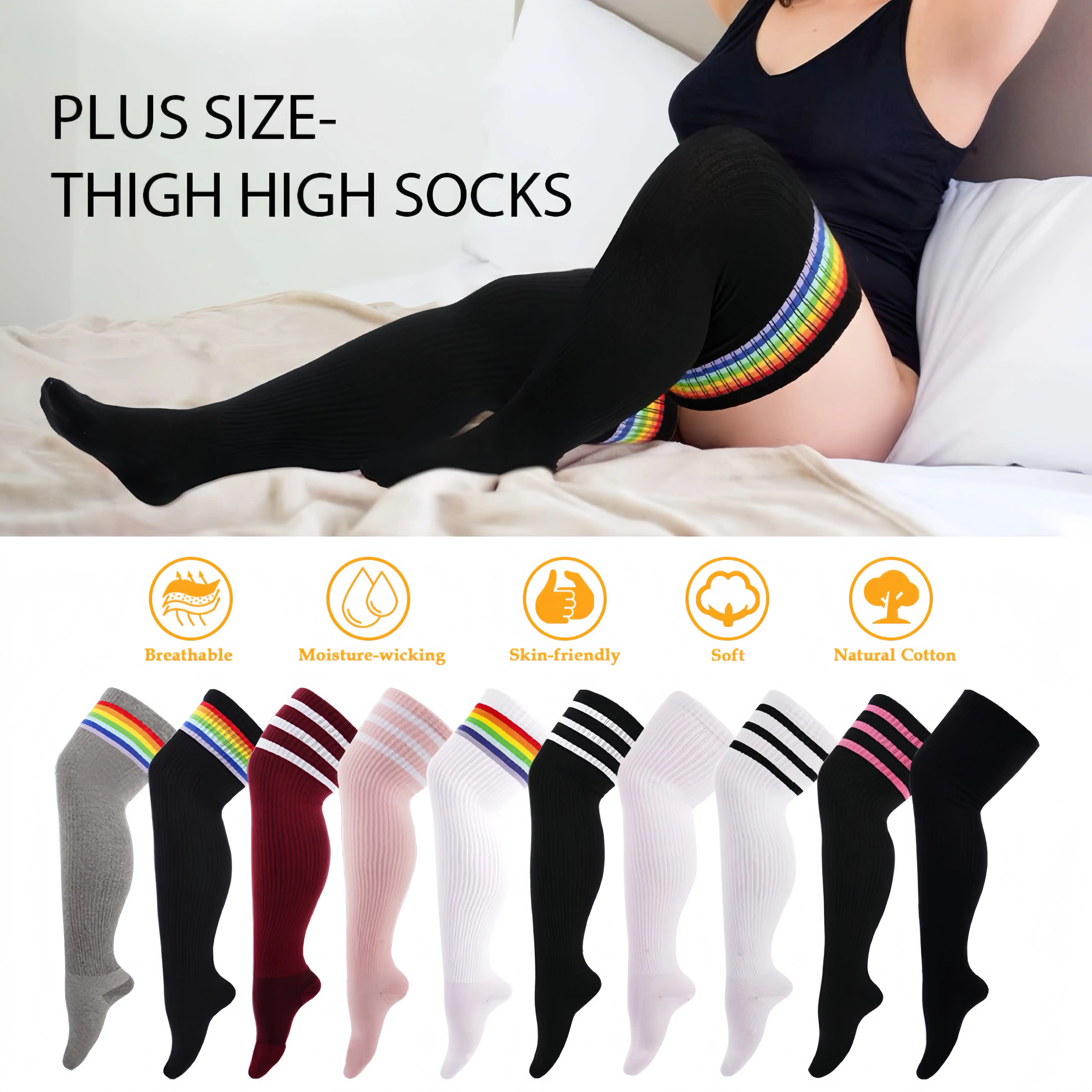 Women's Plus Size Thigh High Socks - Extra Long Wide Fit, Soft Cotton