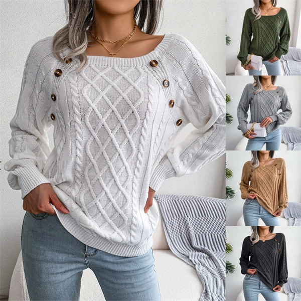Women's Cable Knit Sweater - Square Neck Pullover with Button Detail for Fall & Winter