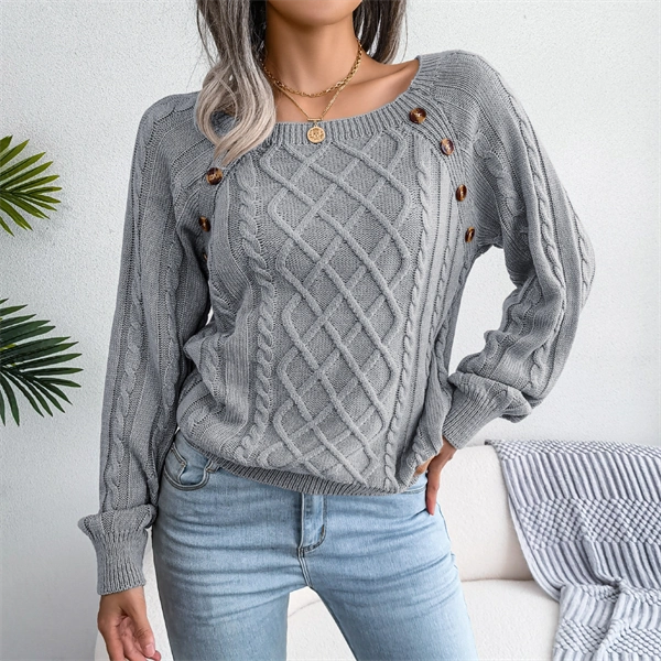 Women's Cable Knit Sweater - Square Neck Pullover with Button Detail for Fall & Winter