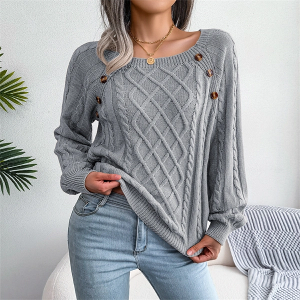 Women's Cable Knit Sweater - Square Neck Pullover with Button Detail for Fall & Winter