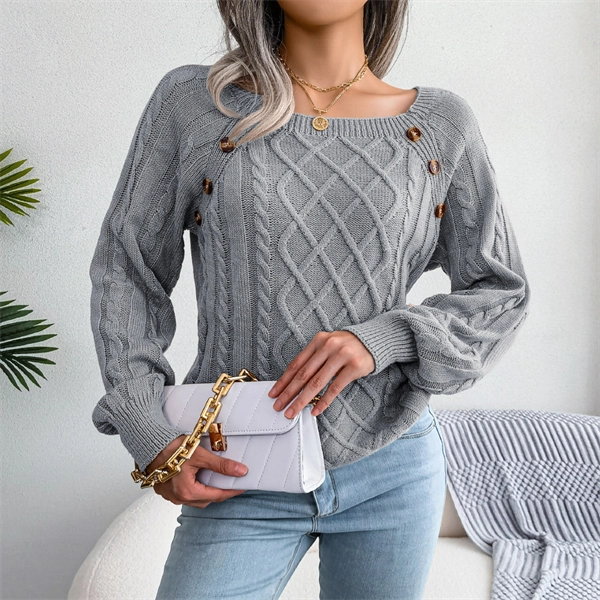 Women's Cable Knit Sweater - Square Neck Pullover with Button Detail for Fall & Winter