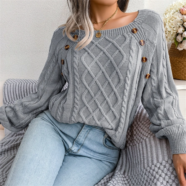 Women's Cable Knit Sweater - Square Neck Pullover with Button Detail for Fall & Winter