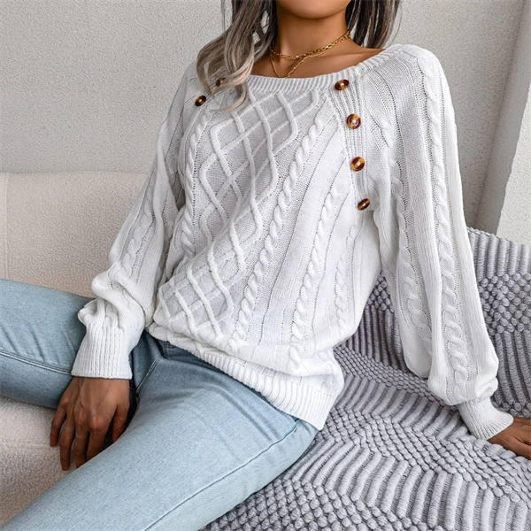 Women's Cable Knit Sweater - Square Neck Pullover with Button Detail for Fall & Winter