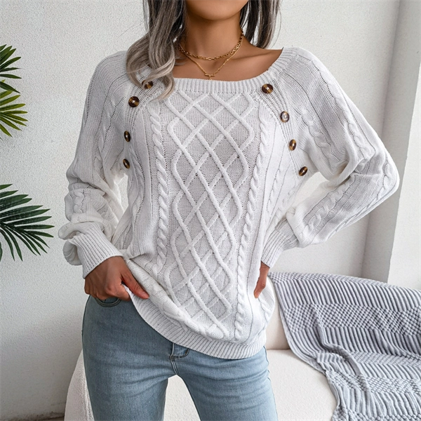 Women's Cable Knit Sweater - Square Neck Pullover with Button Detail for Fall & Winter