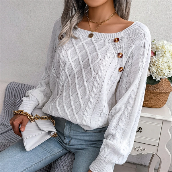 Women's Cable Knit Sweater - Square Neck Pullover with Button Detail for Fall & Winter