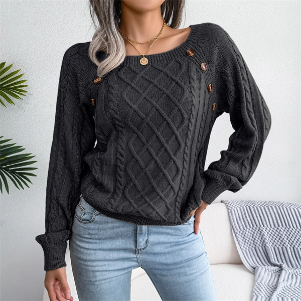Women's Cable Knit Sweater - Square Neck Pullover with Button Detail for Fall & Winter