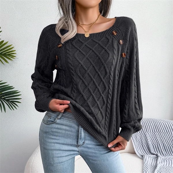 Women's Cable Knit Sweater - Square Neck Pullover with Button Detail for Fall & Winter