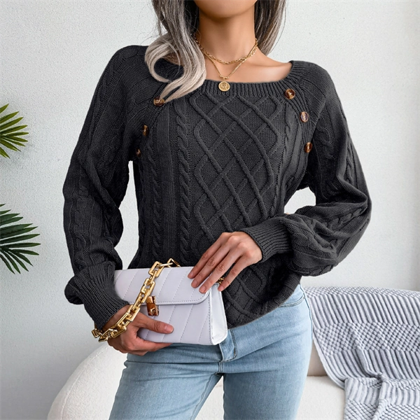 Women's Cable Knit Sweater - Square Neck Pullover with Button Detail for Fall & Winter
