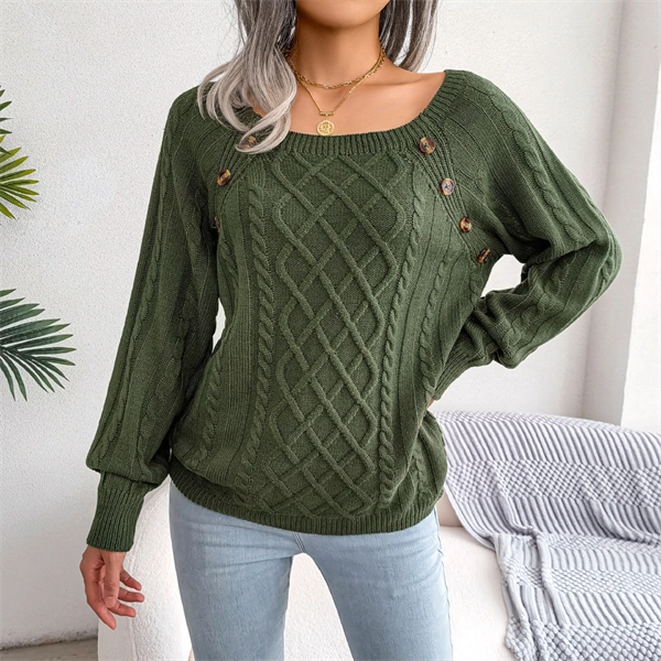 Women's Cable Knit Sweater - Square Neck Pullover with Button Detail for Fall & Winter