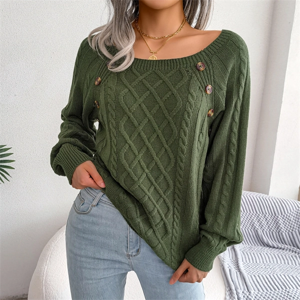 Women's Cable Knit Sweater - Square Neck Pullover with Button Detail for Fall & Winter