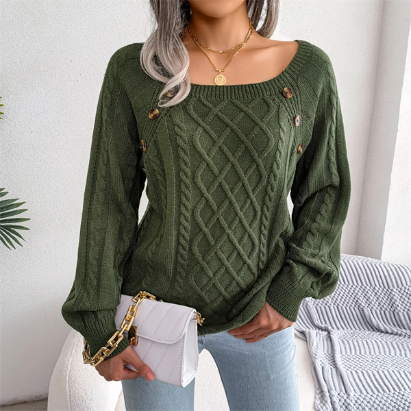 Women's Cable Knit Sweater - Square Neck Pullover with Button Detail for Fall & Winter