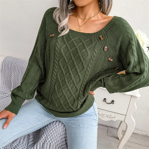 Women's Cable Knit Sweater - Square Neck Pullover with Button Detail for Fall & Winter