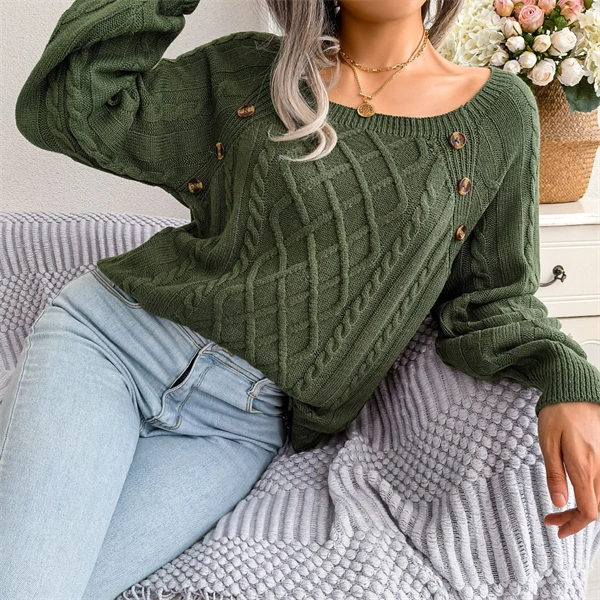 Women's Cable Knit Sweater - Square Neck Pullover with Button Detail for Fall & Winter